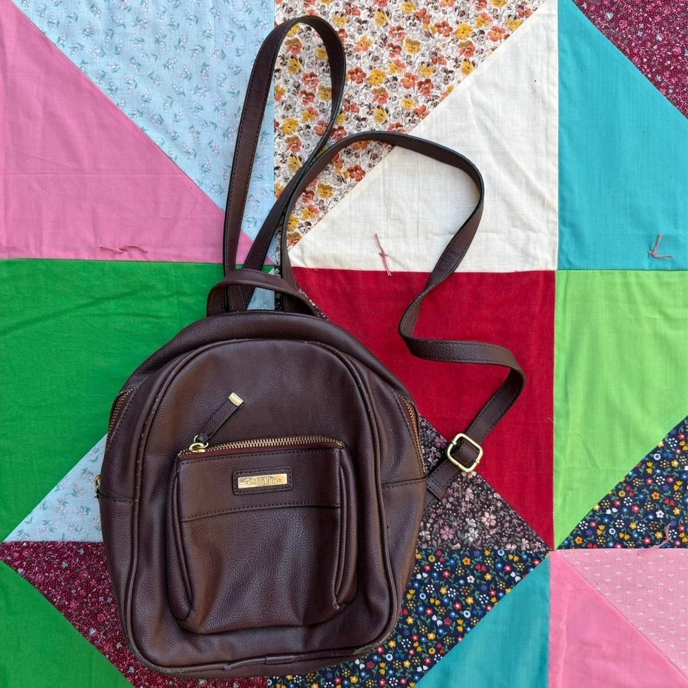 Brown leather mini Y2K backpack with adjustable straps